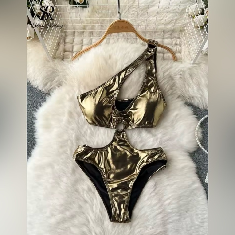 Sexy Gold 2-Piece Bikini – Asymmetrical Push-Up Top with Hip Beach Skirt - Picture 6 of 10